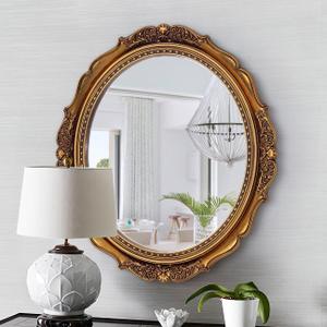 31"x27" Gold Vintage Round Mirrors for Wall Decor, Foil Antique Oval Hanging Mirror with Decorative PU Frame for Baroque Bathroom, Bedroom, Living Room, Entryway