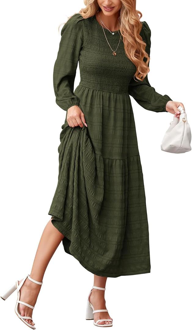 Dowerme Women's Dresses 2024 Fall Puff Long Sleeve Crewneck Smocked Tiered Flowy A-Line Boho Wedding Party Maxi Dress (Army Green, Large)