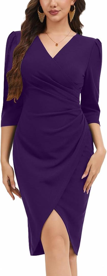 Womens Midi Pencil Dress Bodycon V Neck Ruched Design Long Sleeve Cocktail Party Night Out Dinner Dresses (Purple, XL)