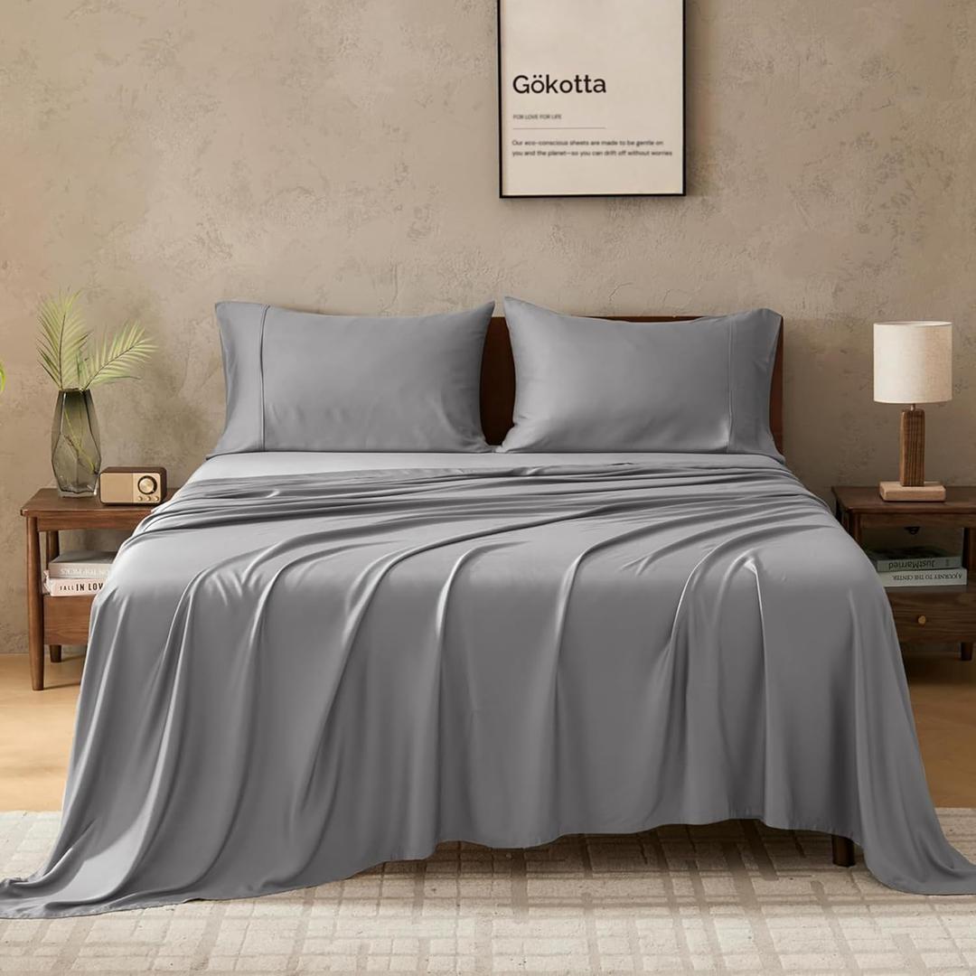 GOKOTTA Full Size Bed Sheets 4 Piece Set, 100% Rayon Derived from Bamboo, Cooling for Hot Sleepers-Luxury Breathable Soft Sheets, Deep Pocket 15" Fitted Sheet with Elastic Corner Straps, Grey