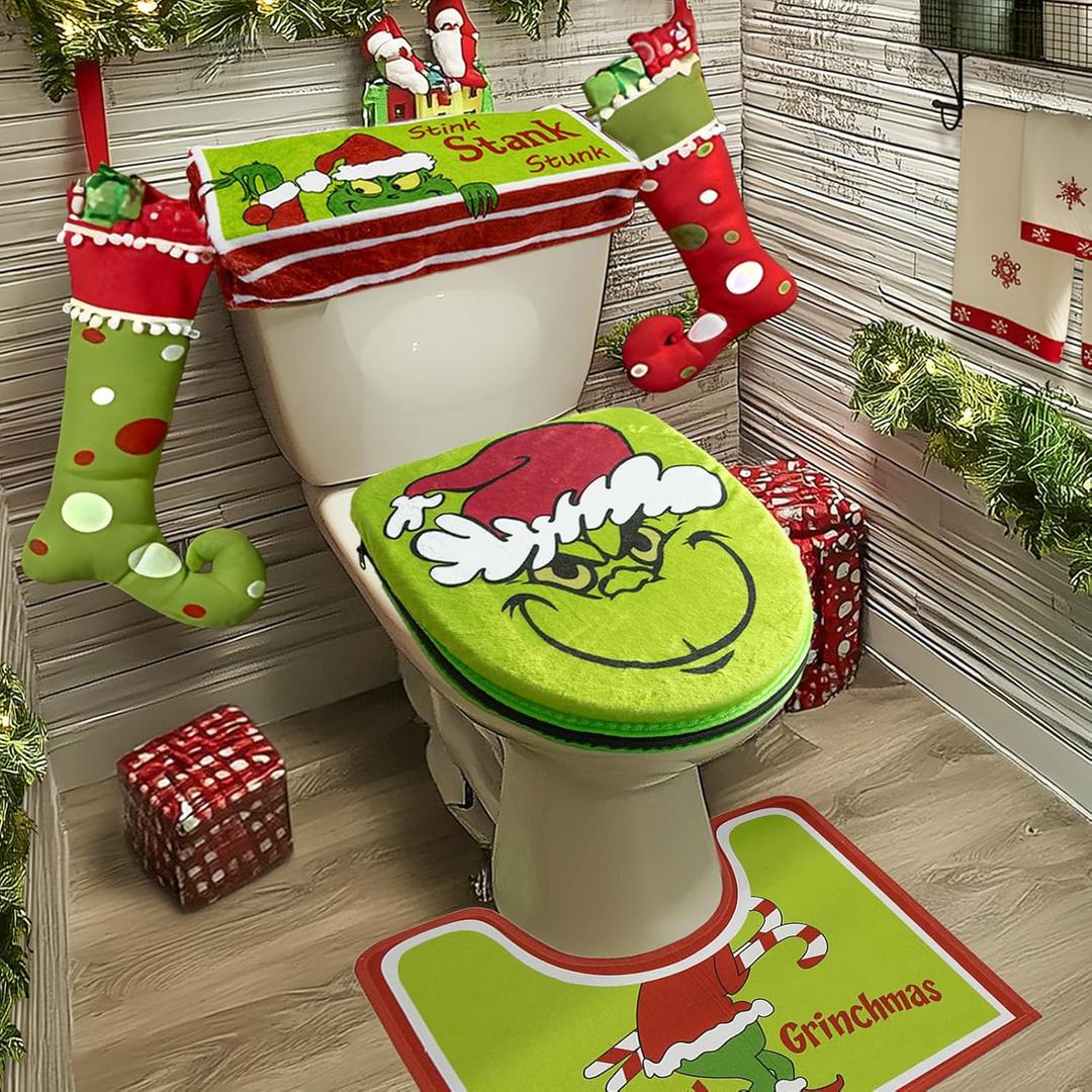 Christmas Decorations - 4 Pack Bathroom Decor - Xmas Dcor Toilet Lid Cover, Tank Cover, U-Shaped Rug & Seat Cover Pad for Home Indoor Bathroom