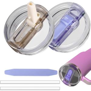 2 Pack 40 oz Tumbler Flip Straw Lid for Stanley Quencher ProTour Leak Proof Lid Replacement for Stanley H2.0 Quencher, Spill Proof Reusable Lid for Stanley Cup Accessories (Purple & Cream, 40 oz)