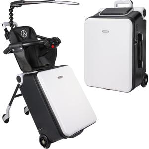 Carry on Luggage with Seat for Kids Expandable Ride on Suitcase with Spinner Wheels and Locks for Travel (White)