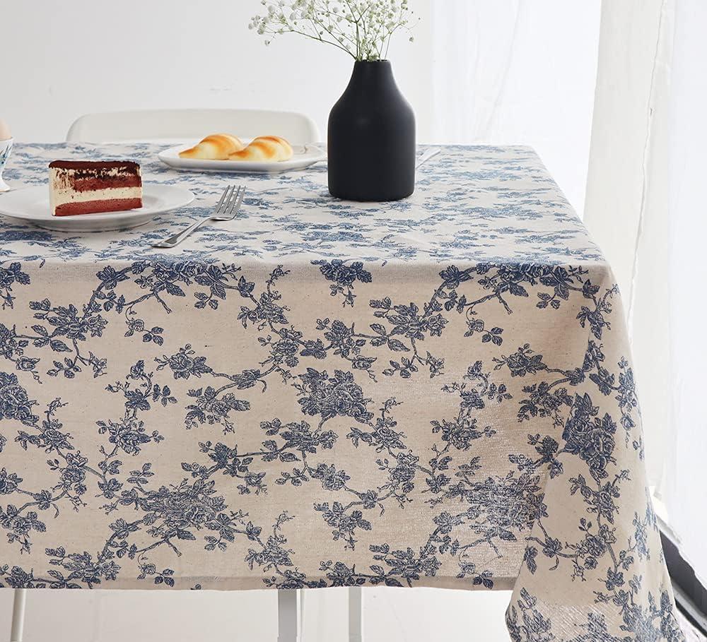 Wracra Cotton Linen Vintage Rectangle Tablecloth Pastoral Floral Rustic Table Cloth Washable Table Cover for Indoor&Outdoor,Farmhouse Decor,Picnic,Tabletop Decoration (Blue Floral, 55"120")