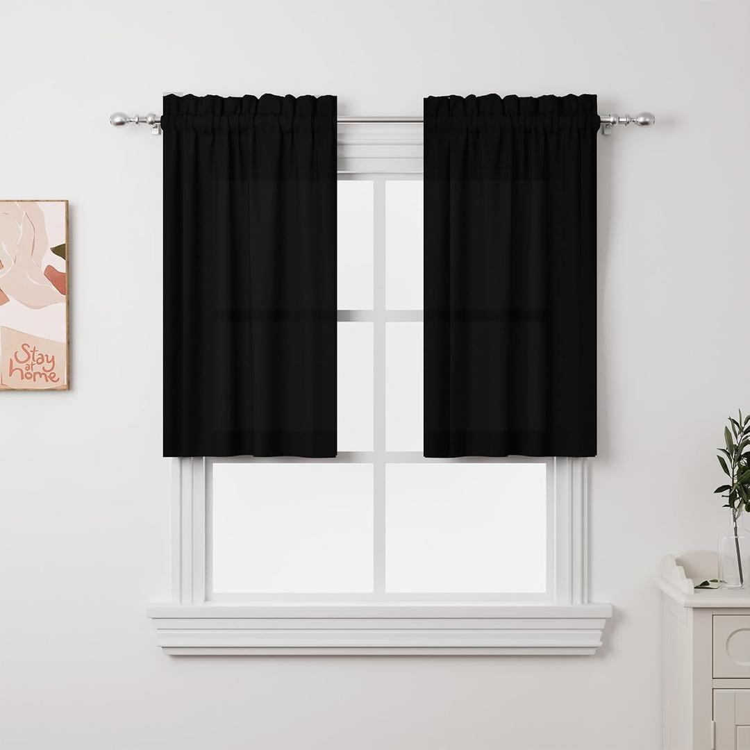 2Pcs 36inch Black Kitchen Tier Curtains for Windows, Semi Light Filtering Curtains for Bedroom, Living Room, Basement, Bathroom, Window Treatments (24" W x 36" L)