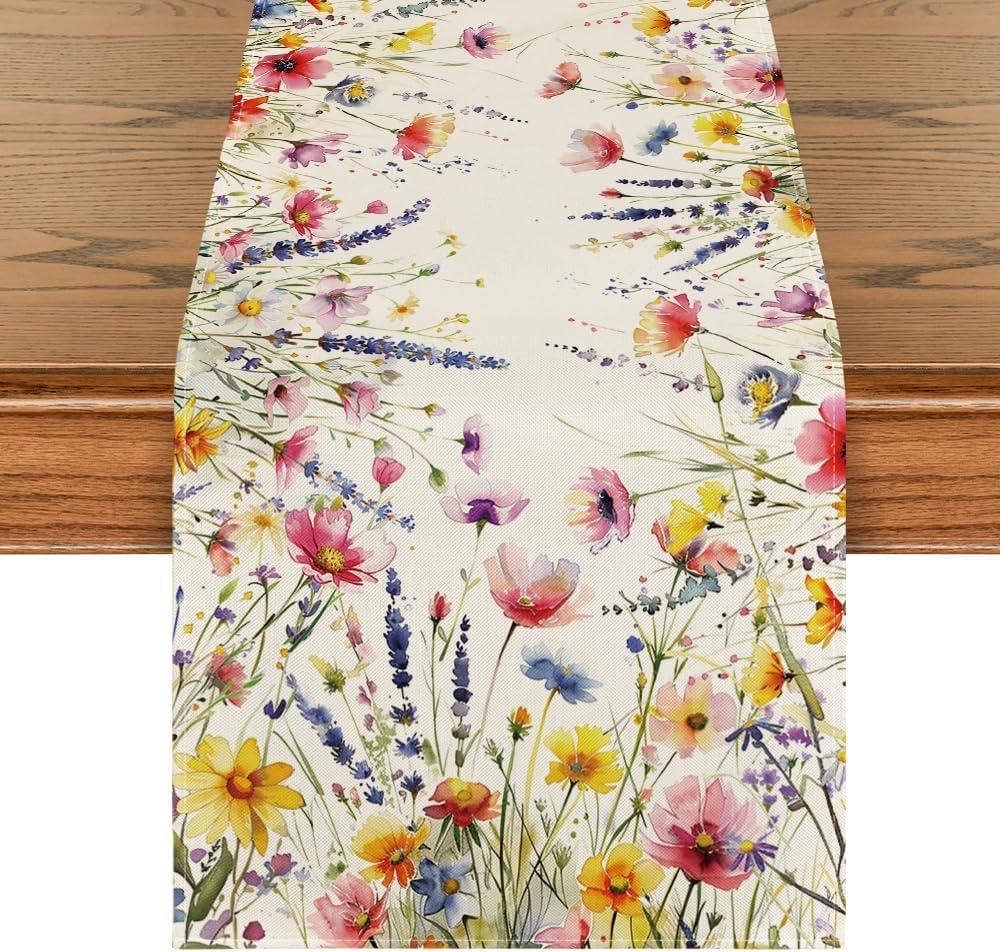 Artoid Mode Daisy Lavender Floral Leaves Spring Table Runner, Summer Kitchen Dining Table Decoration for Home Party Decor 13x72 Inch