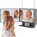 Dripex 3 Way Mirror with Storage Shelf, Trifold Self Haircut 360 Barber Mirror with Height Adjustable Hooks for Makeup, Styling, Shaving, Braiding, Dye Hair