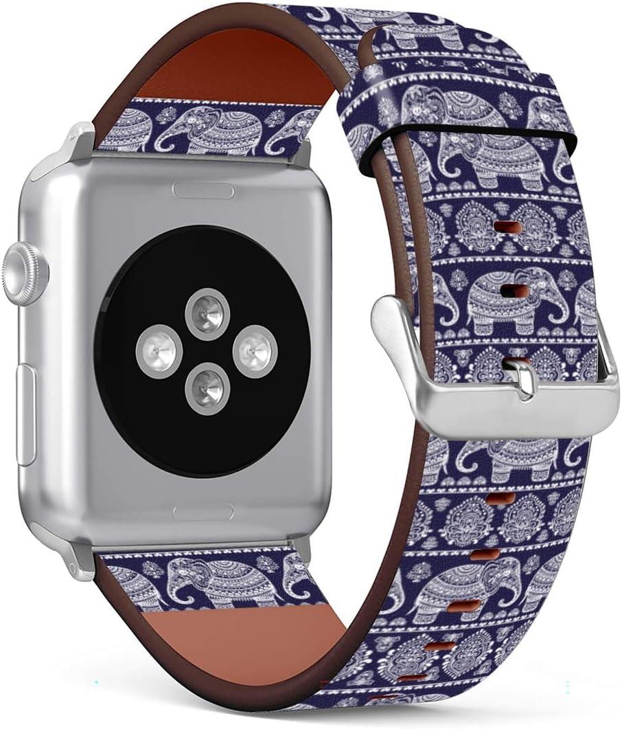 Mingdao Band Compatible with Apple Watch Series 7 6 5 4 3 2 1 SE,38mm 40mm 41mm Patterned Leather Replacement Strap (Tribal Elephant-Wb05)