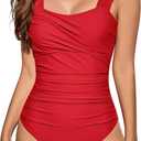 One Piece Bathing Suit for Women Tummy Control Swimsuits Square Neck Ruched Modest Swimwear (Large, Red)