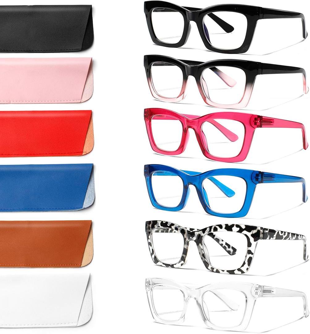 6 Pack Reading Glasses for Women Blue Light Blocking Computer Square Readers with Spring Hinge (Mix Color, 0.00, x)
