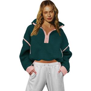 LAMISSCHE Half Zip Sweatshirt Women Oversized Sherpa Jacket V Neck Fleece Pullover Hoodie with Pockets (Medium, Dark Green)