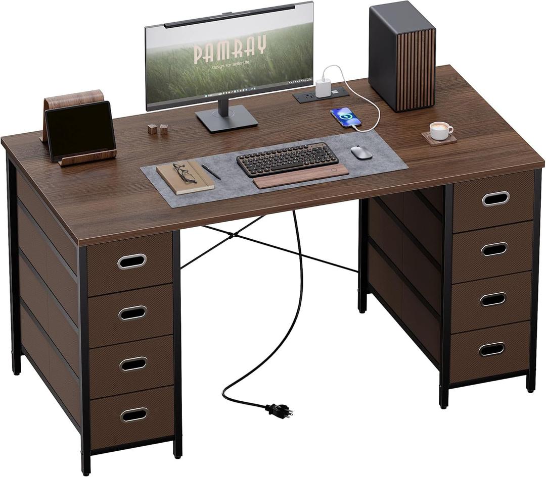 Pamray 47 Inch Computer Desk with 8 Fabric Drawers PC Gaming Desk Home Office Study Work Writing Table for Bedroom Brown
