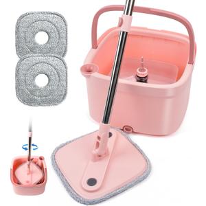 Spin Mop and Bucket Set with Self - Separation System, 360 Spinning Self - Wringing, Square Cleaning Mop and Bucket with Wringer - with Replaceable Mops (Pink Mop and Bucket Set with 2 Pads