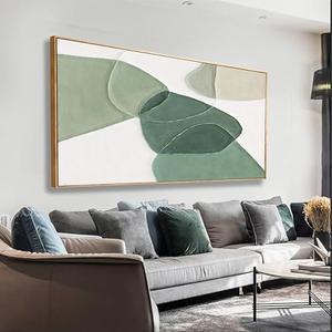 Framed Wall Art Canvas Artwork Green And White Geometric Color Block Line Art Canvas Paintings Wall Decor Modern Home Bedroom Art Office Decor 39 x 20 Inch