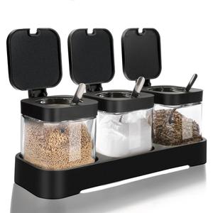 JEPELUS 3 Pcs Condiment Jar Spice Container with Lids and Spoons, Clear Square Salt and Sugar Container Sets, Seasoning Box Caddy Canisters for Kitchen Toppings Masala Box (Black)