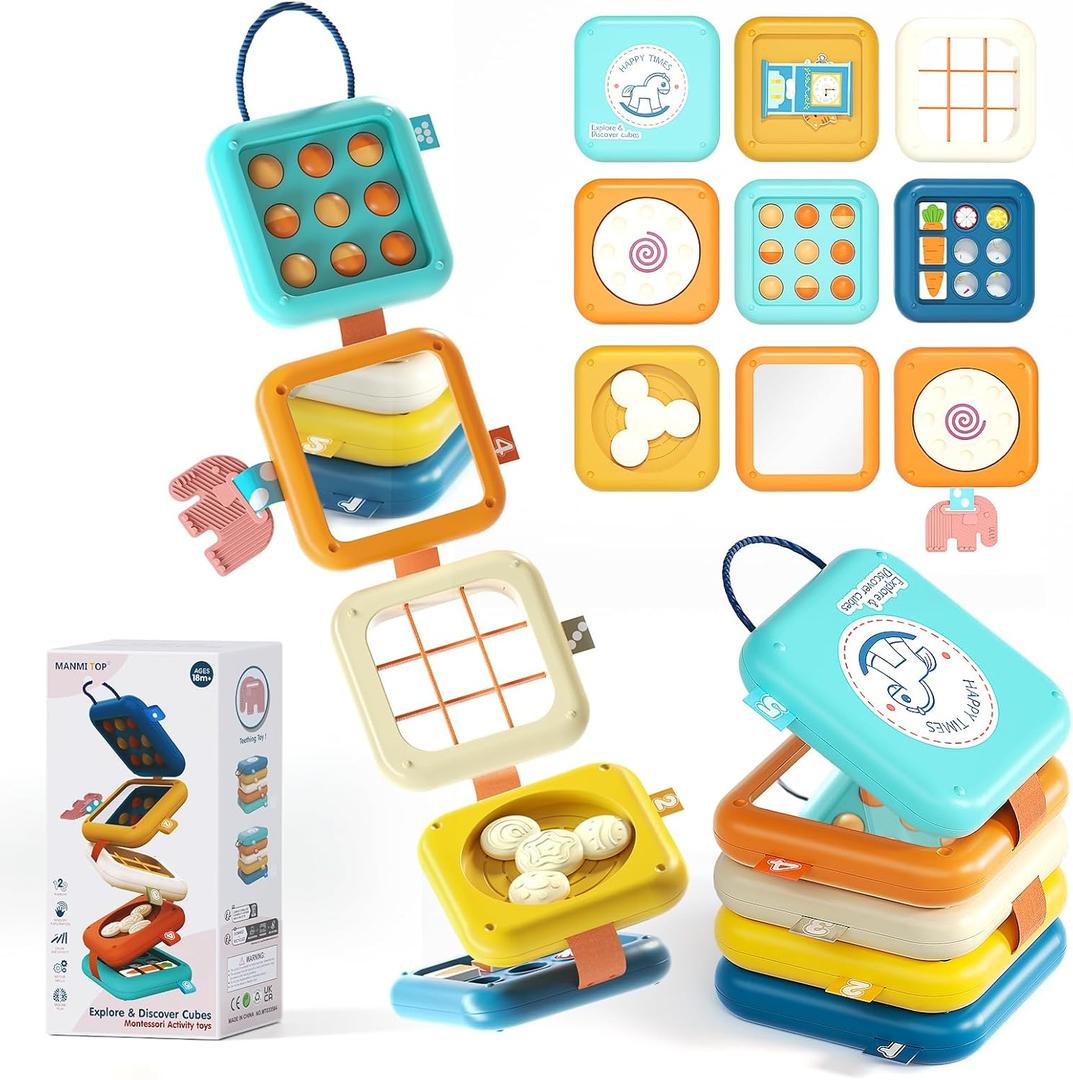 Busy Board for 1 Year Old, Travel Toys for Toddlers 1-3, 8 in 1 Montessori Activity Cube Toy for Babies in Airplane Car Stroller, Sensory Education Birthday Gifts for 1 2 Year Old Boy Girl Infant