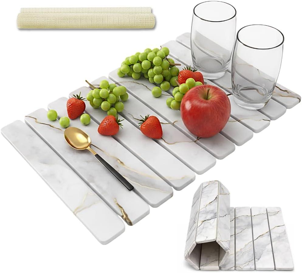 Large Stone Dish Drying Mat for Kitchen Counter, Foldable 24"16" Diatomaceous Earth Mat, Super Absorbent Marble Stone Drying Pad for Dishes, Cups, Bottles (White Marble)
