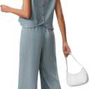 OYOANGLE Women's Two Pieces Outfits Solid Cap Sleeve Top And Long Pants Summer Vocation Travel Lounge Sets (Large)