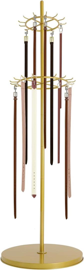66 Inch Tall Tie Rack Belt Display Shelf, Floor Standing Belt Hanger 2 Tier Retail Scarf Stand Jewelry Necklaces Organizer Shawls Purse Shelf for Clothing Store Home (Gold)