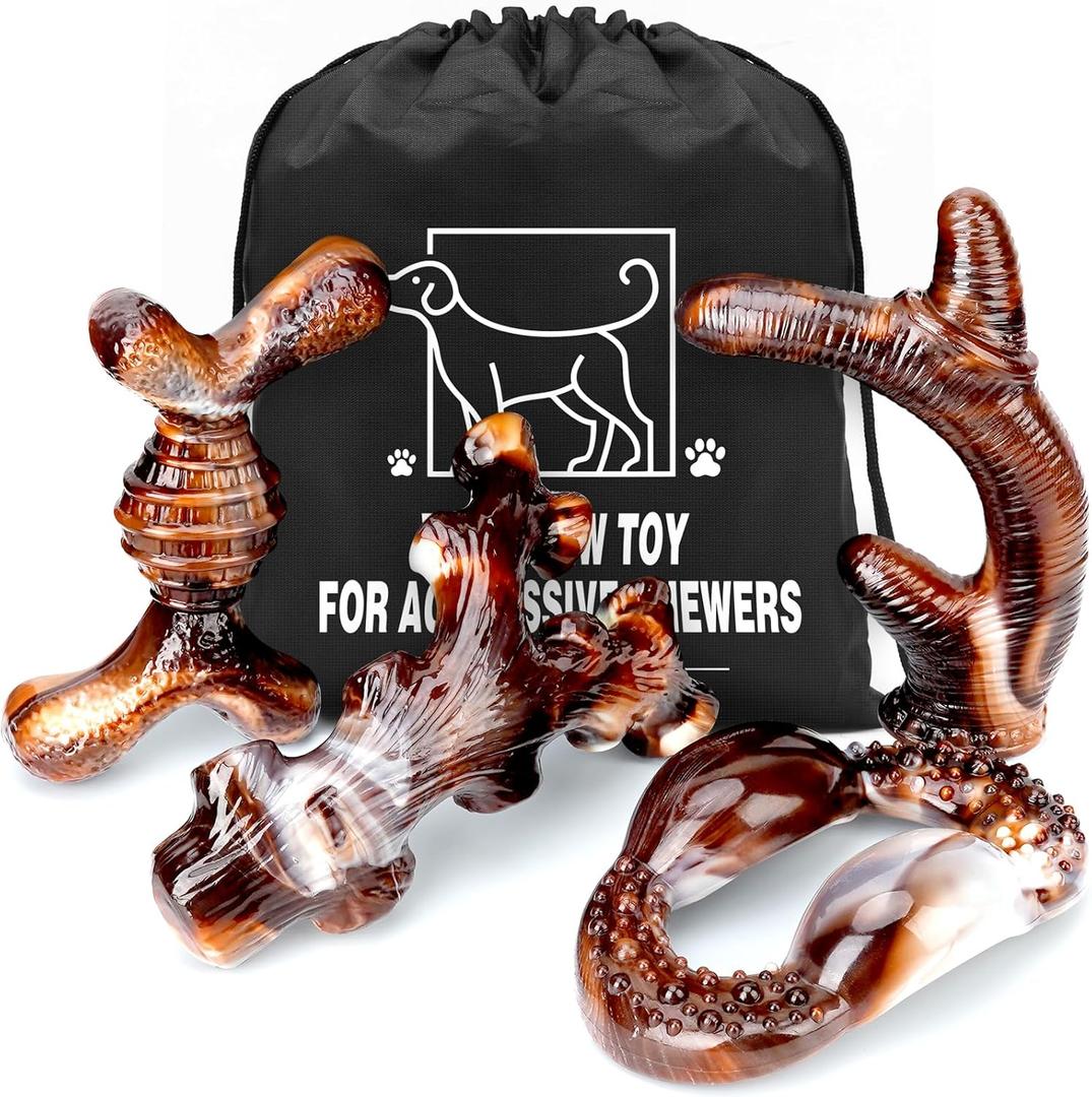 4-Pack Dog Chew Toys for Aggressive Chewers, Long Lasting Heavy Duty Chewing, Boredom and Stimulation for Medium Breeds, Tough Almost Indestructible Dog Bones Teeth Cleaning Toy (Large)