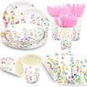 168 Pcs Wildflower Party Decorations Spring Floral Baby Shower Birthday Decorations Include Plates,Cups,Napkins,Cutlery for Wildflower Baby Shower Tea Decorations Serve 24