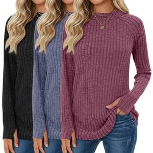 3 Pack Women's Sweater Long Sleeve Shirts Mock Turtleneck Tunic Tops Thumbhole Ribbed Curved Hem Loose Fall Clothes (Large, Grape Purple, Gray Blue, Black)
