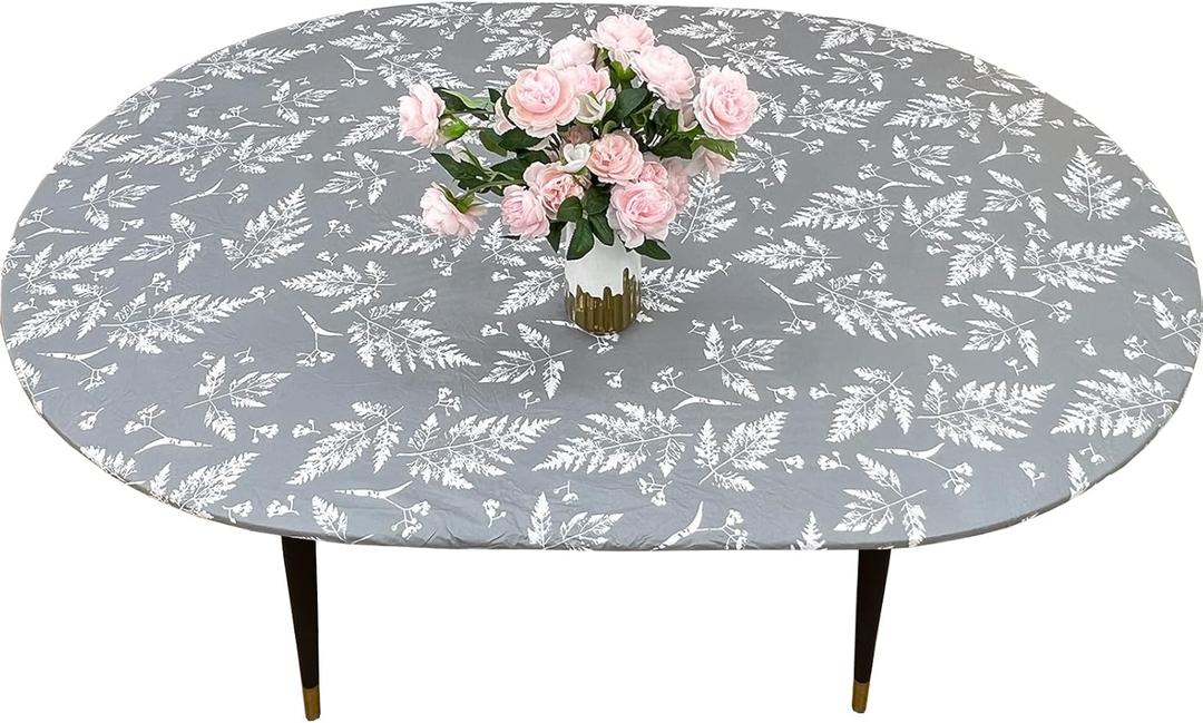 LIBERECOO Oval Fitted Vinyl Tablecloth with Flannel Backing - Fits 48 x 68 Inch Oval Table - Gray Geometric Pattern - Elastic Edged for Secure Fit, Waterproof Wipeable Plastic Table Cover (Grey Leaves)