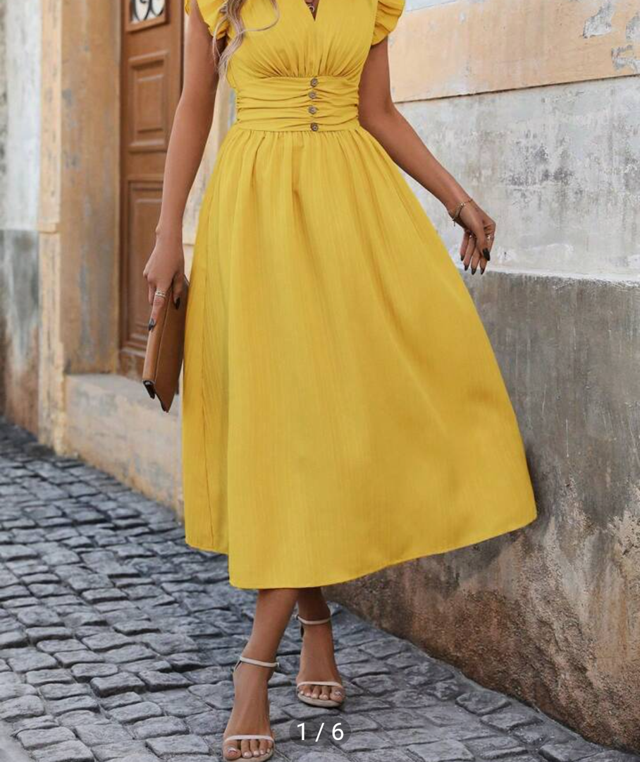 Clasi Elegant Ladies' Summer Festival Solid Yellow Color Ruffle Trimmed Ruched Waist Dress Maxi Dress Long Dress , Size Medium