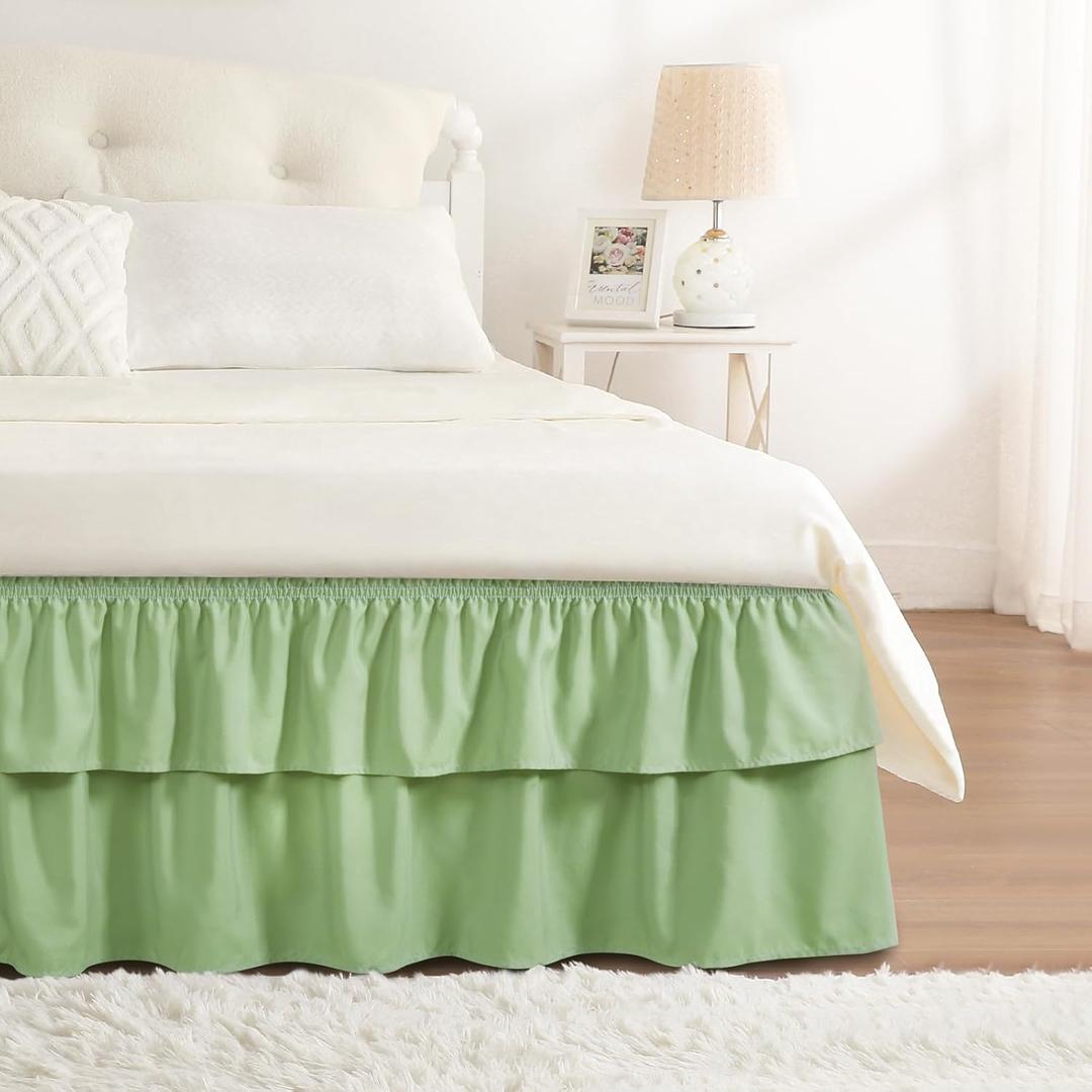 RIMELA Ruffle Bed Skirt Light Green Queen 18 Inch Drop, Elastic Wrap Around Bed Skirting Queen Size, Easy to Install Dust Ruffle, Machine Washable Soft Fabric, Multi Ruffle Bedskirt