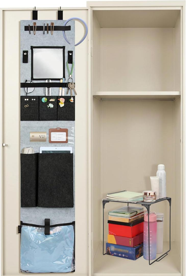 Locker Organizer Set with Locker Shelf, Back to Gym, Office, School Essentials Locker Decoration for Girls Boys (Gray + Black Shelf)