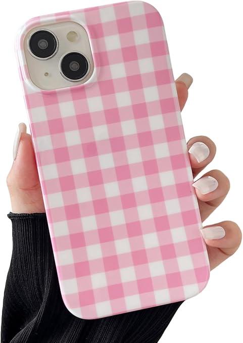 YUANLI Compatible with iPhone 14 Pro Case Plaid Lattice Checkered Gingham Phone Case for Women Girl Soft TPU Shockproof Protection Cover - Pink