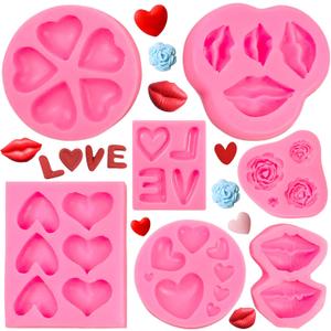 Rainmae 7Pcs Valentine's Day Silicone Molds, Flower Fondant Mold Love Letter Rose Lip Love Bear Heart Molds, Cake Decorating Cupcake Topper Polymer Clay Candy Chocolate Gum Paste Wedding Cake Baking