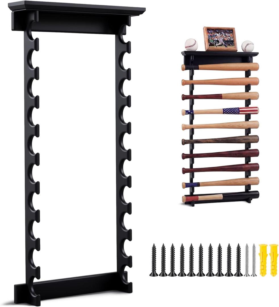 Threehoney 10 Mini Baseball Bat Display 32.75 x 16 x 3.25 inch Solid Wood Bat Holder with Ball Stand, Wall Mount Horizontal Display for Collectible Autographed Memorabilia, Home Office Decor