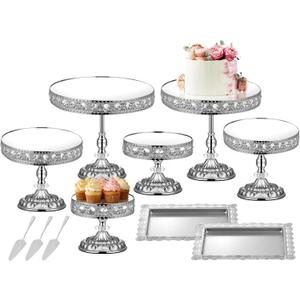 12-Piece Silver Cake Stand Set, Vintage Cake Stand with Crystal Edge and Cupcake Display Tray, Dessert Table Display Set for Wedding, Party, Baby Shower, Anniversary Celebration