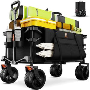 Navatiee Big Wheels Collapsible Wagon Cart Foldable, Heavy Duty Beach Wagon with Silent All-Terrain Wheels, Folding Utility Grocery Cart with Side Pocket and Brakes for Camping Garden Sports, Black