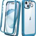 Diaclara Designed for iPhone 15 Plus Case 6.7 Inch,Full Body Rugged Clear Bumper Case w/Built-in Touch Sensitive Anti-Scratch Screen Protector+9H Tempered Glass Camera Lens Protector,Sea Blue