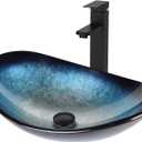Bathroom Boat Shape Artistic Glass Vessel Sink Free Black Faucet and Pop-up Drain Set, Blue, 21x13.4 inches