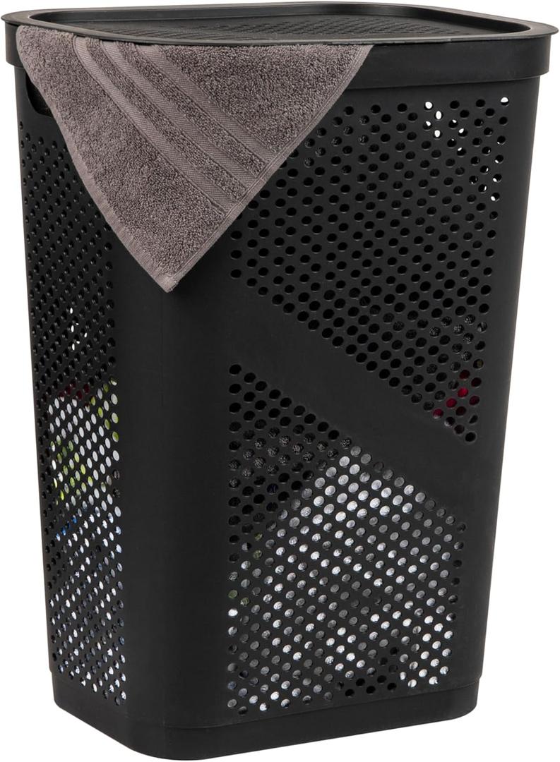 Mind Reader Slim Laundry Hamper with Lid, 60L Clothes Basket, Ventilated Plastic, Black (Single)