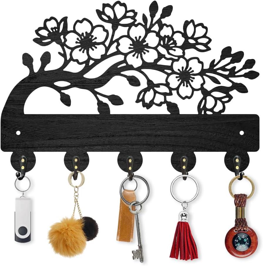 MAYJOYDIY Cherry Blossom Wooden Key Holder Flower Branch Key Hanger for Wall 11.8×7.9 Inch Decorative Wall Mount Coat Rack with 5 Alloy Hooks for Entryway Kitchen Office Bedroom Gift