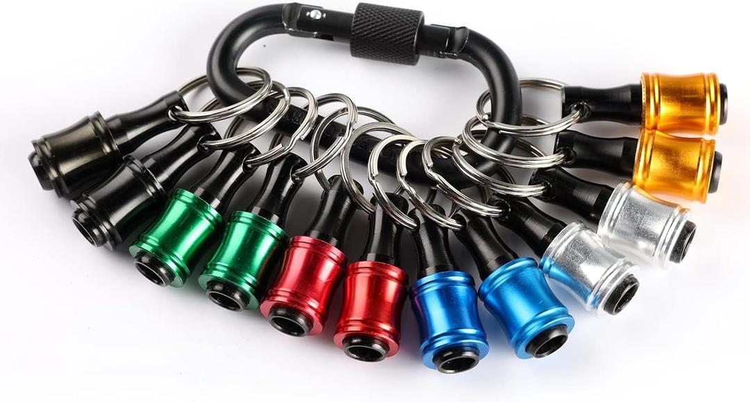 Katerk 12pc Portable Bit holder Key chain, 1/4 inch Hex Shank Screwdriver Bit Clip for Impact Driver Drill Bit Extension Nut Driver W/Black Carabiner, Quick Release Lightweight Drill Screw Adapter