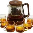 Heat - Resistant Glass Teapot Set with 6 Cups, Press - Type Removable Tea Infuser for Easy Brew & Separation, 800ML/27oz