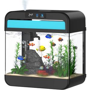 Fish Tank Small Aquarium 2.2 Gal Fish Bowl with Humidifier 7 Color Auto-Looping Light 3 in 1 Quiet Pump with Filteration & Oxygenation & Circulation, Temperature Display, HD Glass, Thickened Base
