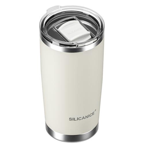 SILICANICE 20oz Vacuum Insulated Tumbler - Double Wall Stainless Steel Coffee Mug with Removable Slider Lid, BPA Free, Car Cup Holder Compatible - Gym/Office/Travel/Home - Cream