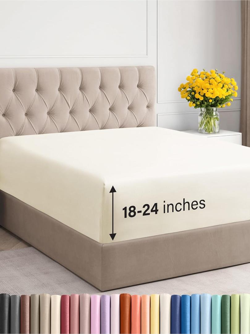 Extra Deep King Fitted Sheet - Hotel Luxury Single Fitted Sheet Only - Easily Fits 18 inch to 24 inch Mattress - Ultra Soft, Wrinkle & Fade Free w/Extra Deep Pockets - Breathable & Comfy - Off White (09 - Off White)