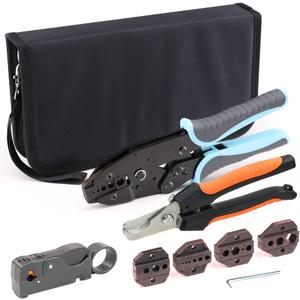 Coax Ratchet Crimping Tool Kit for Coaxial RG Cable RF Connector with 5 Changeable Jaws, Rotary Coaxial Cable Stripper and Cable Cutter Piler