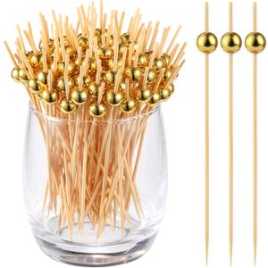 200 Pcs Cocktail Picks, Gold Plastic Ball Decor Skewer for Appetizers, Fruit, Kebabs, Mini Burger, Bamboo Skewers for Drinks, Handheld Toothpicks, Food Sticks Natural, Kitchen Gadget