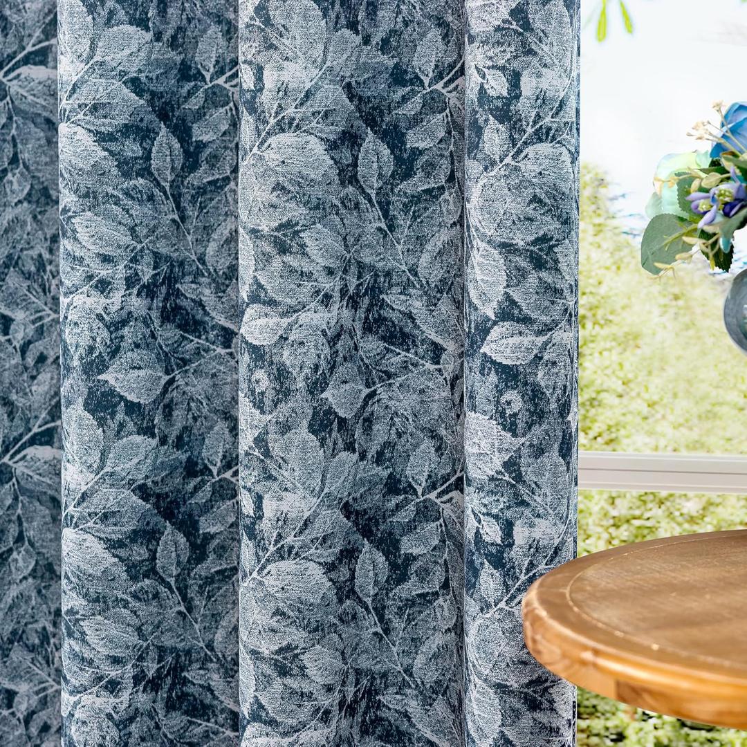 ChrisDowa Navy Blue Blackout Curtains 90 Inches Long 2 Panels for Bedroom Living Room,Flower Patterned Room Darkening Thermal Insulated Soundproof Grommet Window Treatments Drapes,52 x 90