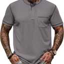 Mens Henley Shirts Casual Waffle Stretch Summer T-Shirt with Pocket (S-XXL) (Gray, S)