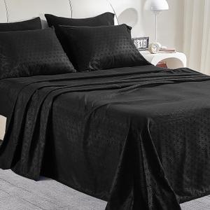 SLEEP ZONE Luxury Embossed Queen Sheets Set, Black Honeycomb Pattern Sheet & Pillowcase Sets 4 Piece - Super Soft, Wrinkle Free, Fade Resistant, Deep Pocket 16" (Black, Queen)