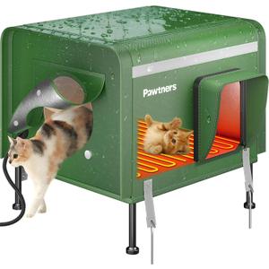 Pawtners Heated Outdoor Cat House for Outside Cats, 19'' Large Insulated Weatherproof Cat Shelter with Heated Pad, Elevated Feet & Escape Door, Warm Kitty House for Feral or Stray Cats in Winter (Green)